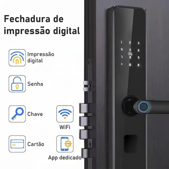 Fechadura Eletrônica Inteligente com Biometria, Senha Touch, Senha, Chave e Tag Wi-Ficontrole independente por aplicatvo