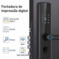 Fechadura Eletrônica Inteligente com Biometria, Senha Touch, Senha, Chave e Tag Wi-Ficontrole independente por aplicatvo