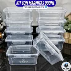 Kit Marmitas Fitness 900ml com Travas Laterais -> Plástico Reutilizáveis, Alimentos e Organizadoras.