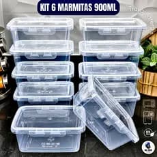 Kit 6 Marmitas com Travas 900ml BPAFREE Pote Plástico Freezer Microondas Fitness Refeição e Alimento