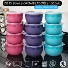 Kit 10 Potes Bowl Tampa Transparente 1300ml GL MIX - Reforçado Cozinha Vasilha Alimento  Organizador