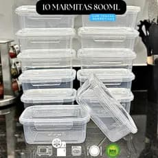 Kit 10 Marmita Potes 800ml fitness Travas Laterais BPA FREE -> Alimentos organiza congelador cozinha