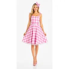 Vestido Junino Feminino Adulto Xadrez Rosa Rodado + Laço Festa Caipira