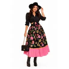 Saia Festa Junina Feminina Midi Floral Preta Rosa Country Rodeio