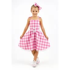 Vestido Infantil Pink Doll Xadrez Rosa Estilo Boneca Festa Com Laço e Cinto