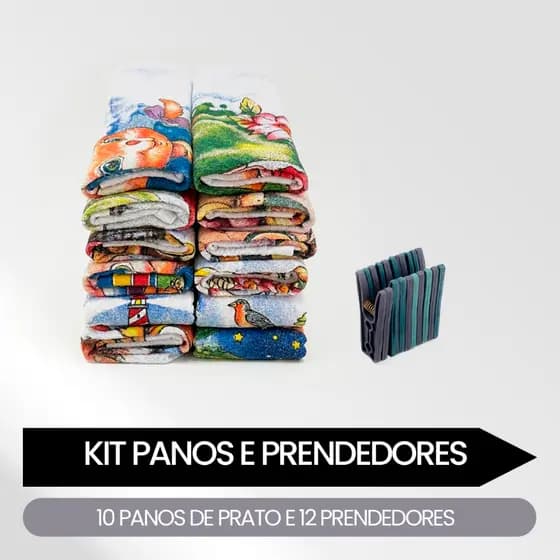 Kit 10 Pano de Prato Algodão Estampado + 12 Prendedor de Roupa Resistentes Coloridos