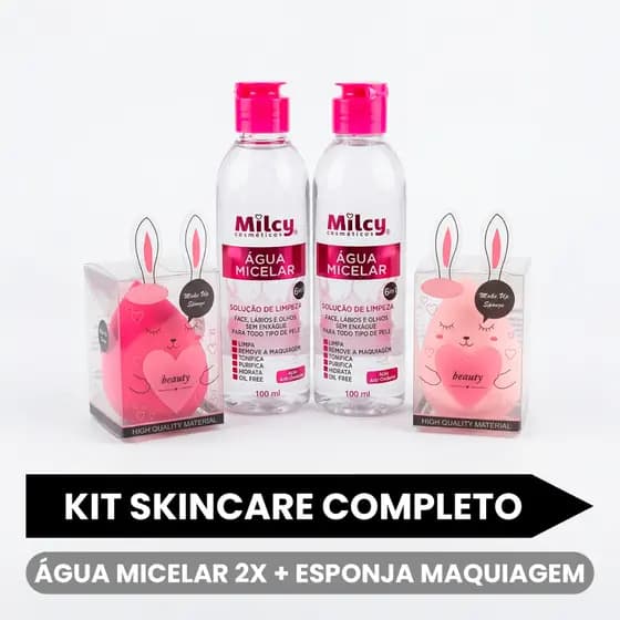Água Micelar 6 em 1 Milcy 2x100ml + 2 Esponja de Maquiagem Limpeza Facial