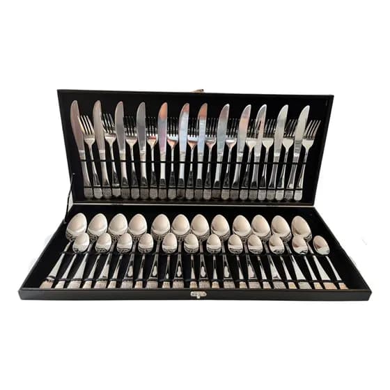 Faqueiro Aço Inox 48 Peças Prata Premium Aço Inoxidável Prateado Talheres Jantar Mesa Posta Detalhes Dourados Elegante