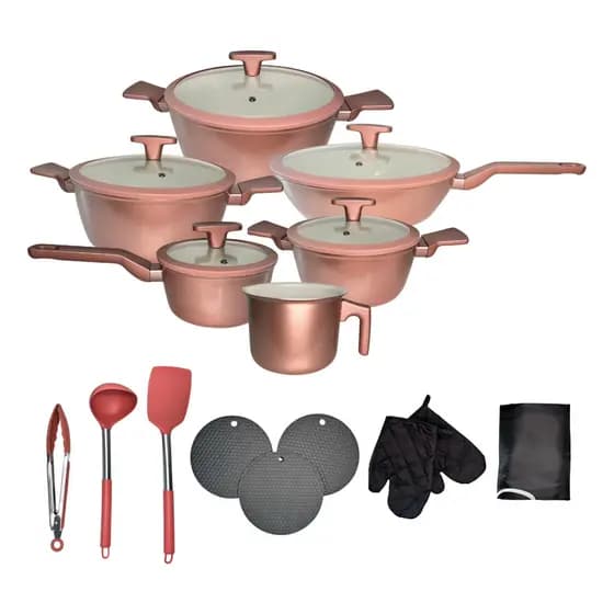 Jogo De Panela Cerâmica Premium 20 Pç Antiaderente Rose Rosa 7 Camadas Fundo Triplo Indução Tampa Vidro Temperado