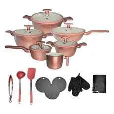 Jogo De Panela Cerâmica Premium 20 Pç Antiaderente Rose Rosa 7 Camadas Fundo Triplo Indução Tampa Vidro Temperado