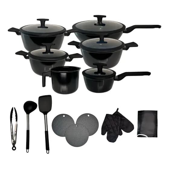 Jogo De Panela Cerâmica Premium 20 Pç Antiaderente Preto 7 Camadas Fundo Triplo Indução Tampa Vidro Temperado Cozinha