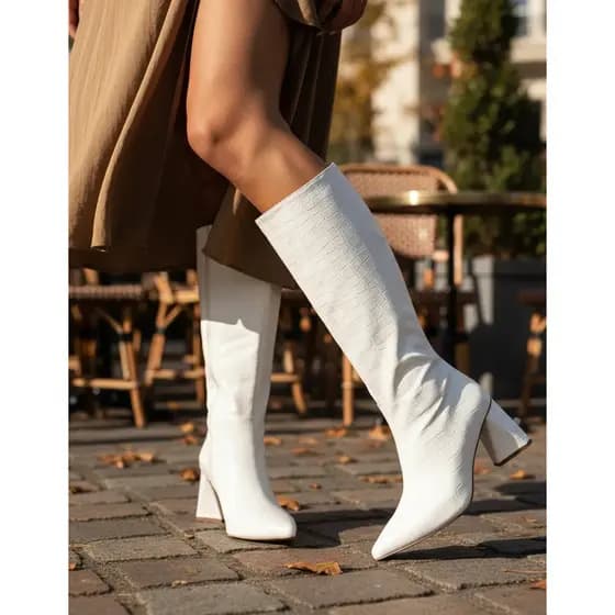 Bota Feminina Cano Longo 23020 Croco Off White Lançamento