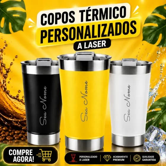 Copo Térmico 473ml + Abridor Personalizados a Laser - Seu Nome Personalizada [C-NOME] - Frente e Verso