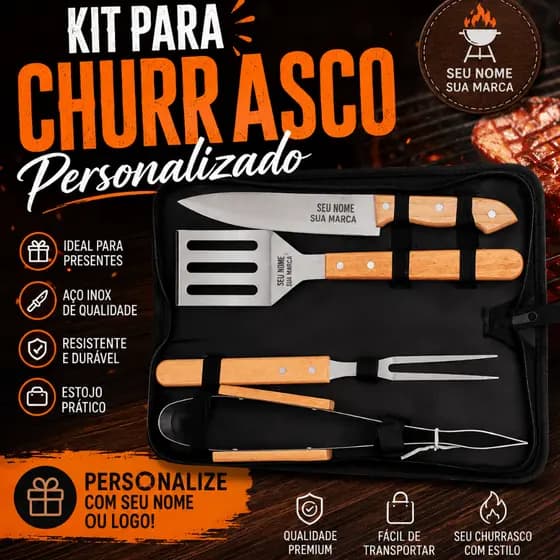 Kit Churrasco 4 Peças – Completo e Personalizável a Laser- Seu Nome- Sua Logo-Presente