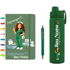 Kit Enfermagem Personalizado com Caderno, Garrafa Fresh Térmica 600ML e Caneta