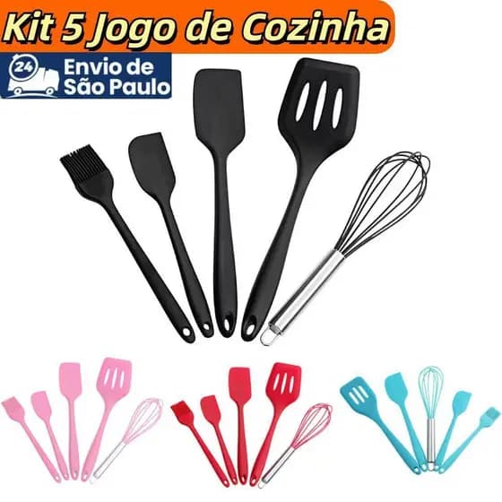 Conjunto Culinário De Silicone Confeitaria 5 Peças Fue Espátula Vazada Raspando Tudo Sem Desperdício Bivolt