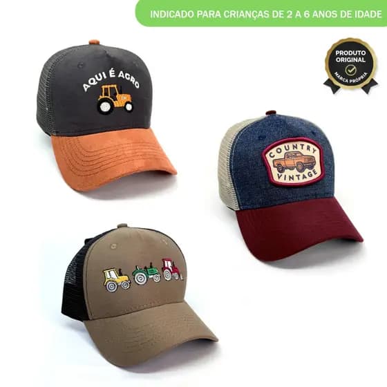 Boné INFANTIL Country Trucker Tela Unissex Aba Curva Bordado Premium