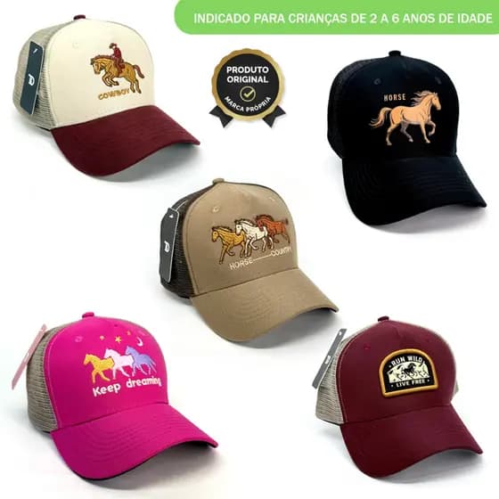 Boné INFANTIL Cavalinhos Country Trucker Tela Unissex Aba Curva Bordado Premium | ENVIO IMEDIATO