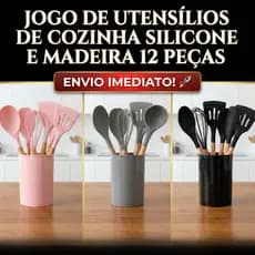 Kit Jogo C/12 Peças Utensílios De Cozinha Colheres Espatula Silicone Cabo Madeira Com Organizador