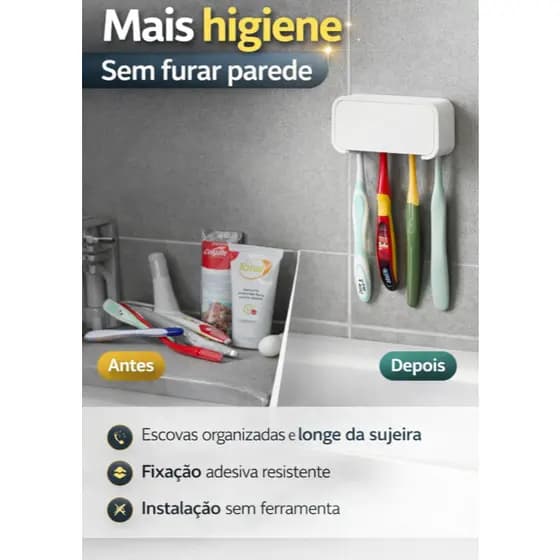 Suporte para Escova de Dente Parede Organizador Banheiro Sem Furo