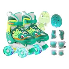Patins Dinossauro Verde 4 Rodas Com Rodas Led + Kit Proteção