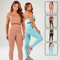 Conjunto Fitness Bicolor Feminino Calça Legging Academia Cintura Alta e Top Duplo Suplex