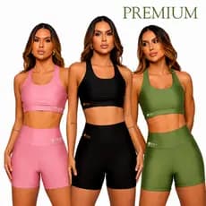 Conjunto Fitness Roupa Academia Feminina Short de Cós Alto com Top Nadador Pilates Corrida