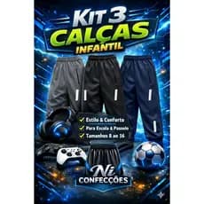 Kit 3 Calças Infantil Masculina Esportiva Confortável Calça Chipa Escolar Costura Forte Passeio do  2 ao 16