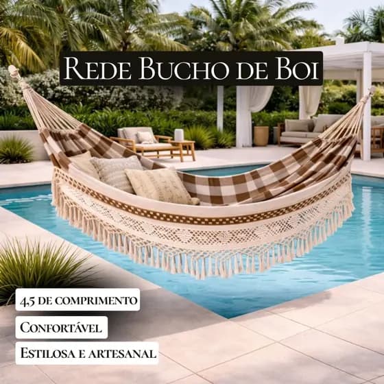 Rede de Descanso Luxo Bucho de Boi 4,5m Reforçada Artesanal com Franja para Sítio Chácara e Varanda