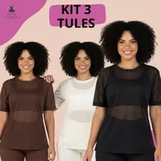 Kit 3 Blusas Tule Feminina Transparente Manga Curta Academia Blusão de Treino Fitness