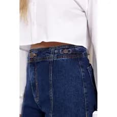 Calça Jeans Feminina Wide Leg Cintura Alta com Recorte Frontal – Azul Escuro