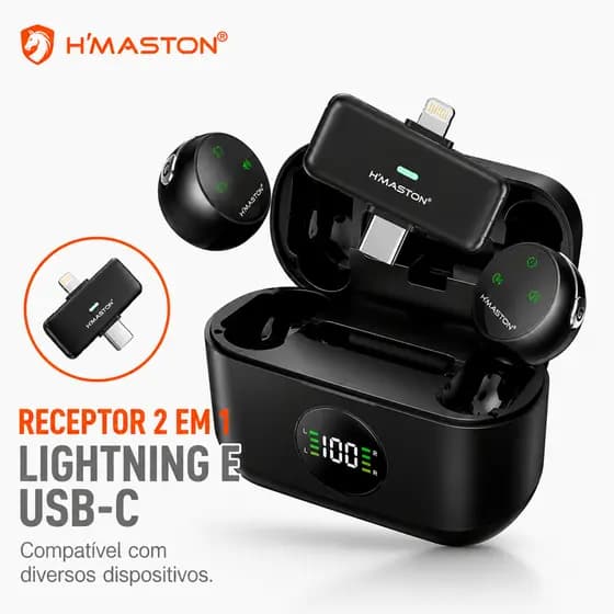 Microfone De Lapela Sem Fio H’maston MK-23 Duplo com 2 Microfones, Display LED, Alcance 20m, Profissional Magnético