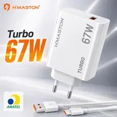 Carregador Turbo 67W H'Maston LR30-3 Original + Cabo Tipo-C USB-C | Carregamento Ultra Rápido Samsung Xiaomi Motorola