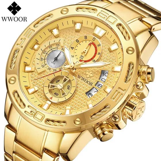 W WOOR Relógio masculino de quartzo com pulseira de aço, corda de aço, seis mãos, multifuncional, à prova d'água, cronôm