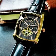 Relógio mecânico masculino quadrado grande mostrador oco relógio mecânico automático High-End Casual couro masculino