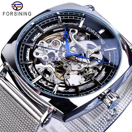 Para si ning relógio masculino esqueleto malha cinta relógio mecânico automático agulha azul relógio masculino