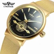 T-WIN NER Relógio Mecânico À Prova D 'Água Moda Masculina Casual Oco Malha Cinto Relógio Mecânico Automático