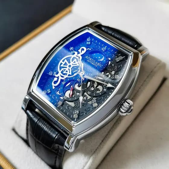 Relógio mecânico oco fundo transparente Boutique relógio masculino à prova dwaterproof água luminosa couro genuíno borbo