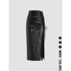 [Estilo mais vendido] Saia feminina plissada com cadarço Design saia evasê alta saia dividida saia de couro PU [envio rá