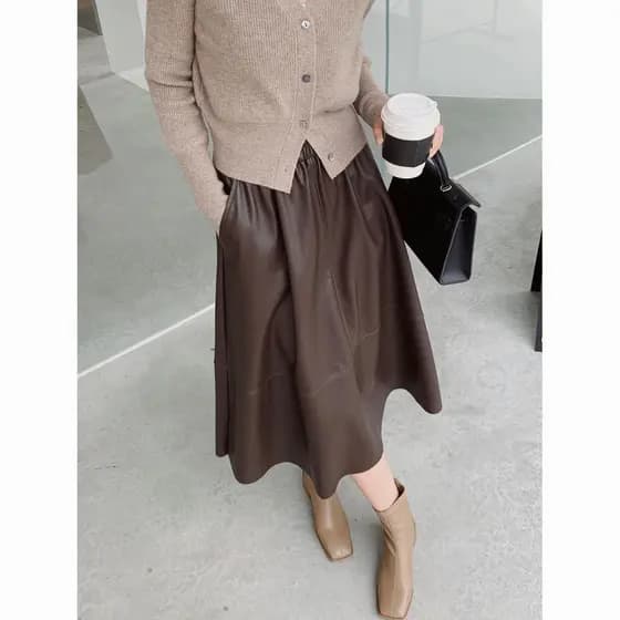 [Estilo mais vendido] Saia de couro drapeado Saia alta Linha Saia guarda-chuva de couro [Envio rápido]