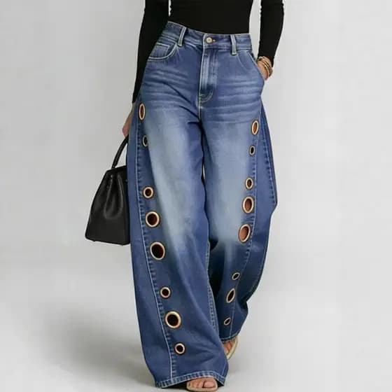 [Venda quente] Jeans femininos com buraco de Metal e Design Casual solto de perna alta e larga [envio rápido]