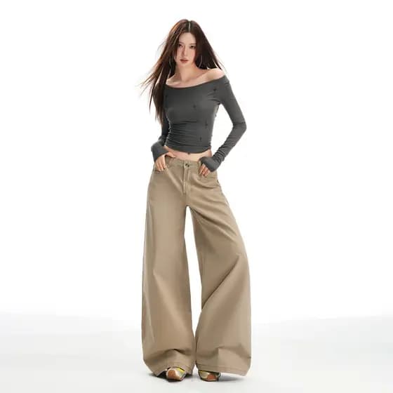 [Venda quente] Calça Jeans cáqui alta reta feminina solta perna larga Casual calça comprida [envio rápido]