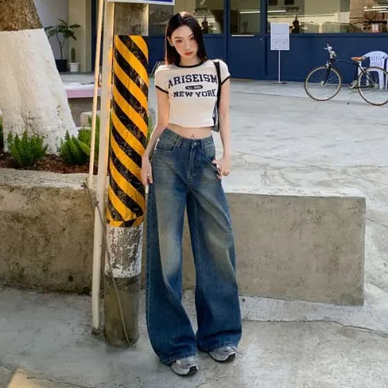 [Estilo mais vendido] Calça Jeans americana retrô azul de perna larga feminina solta lavada macia para esfregar [envio r
