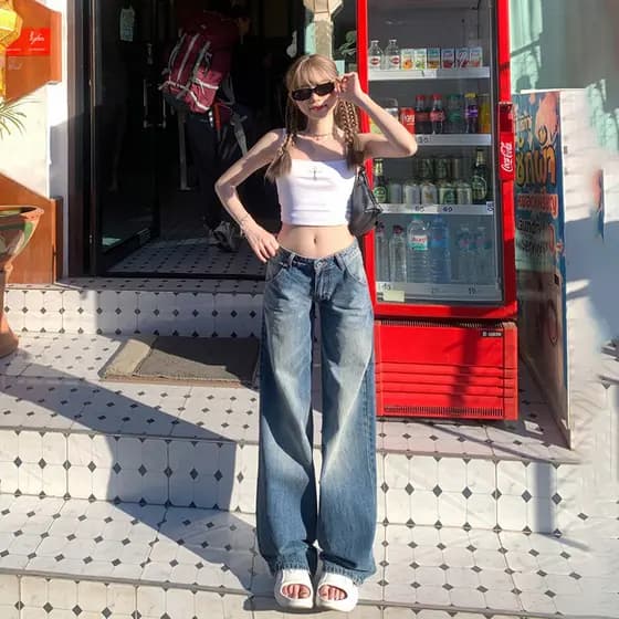 [Venda quente] American Retro Hot Girl Low Loose Calças de perna larga Jeans retos femininos novos&amp;Calças Compridas
