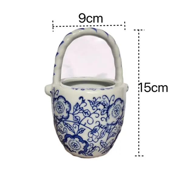 [Estilo mais vendido] Pintado à mão azul branco Underglaze cor cerâmica pequena cesta em forma de balde vaso de flores a
