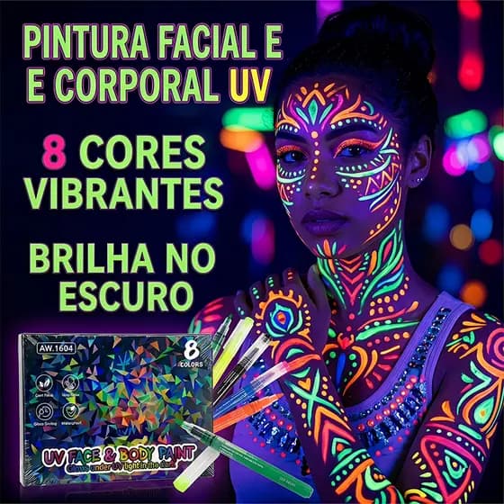 8 Cores Canetas UV Neon para Pintura Facial Corporal Lavável e Não Tóxica para Festa e Cosplay 1604