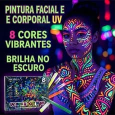 8 Cores Canetas UV Neon para Pintura Facial Corporal Lavável e Não Tóxica para Festa e Cosplay 1604