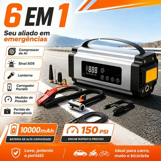 Auxiliar de Partida Portátil 150PSI Compressor de Ar Power Bank 10000mAh 6 em 1 Lanterna LED Tela Digital
