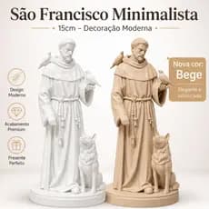São Francisco de Assis 15cm Minimalista – Estátua Decorativa com Pássaros e Lobo de Gubbio