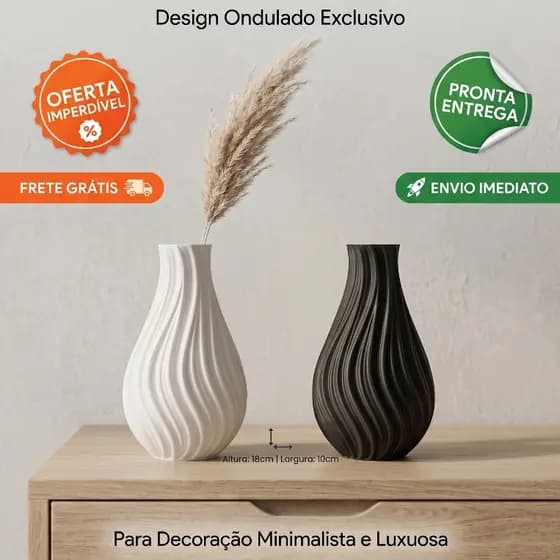 Vaso Decorativo Minimalista Ondulado Premium 18cm Sala Mesa Quarto Escritório Branco Preto